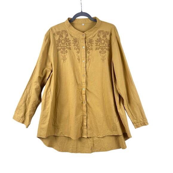 Boho Linen Button Down Tunic Size XL Gold Long Sleeve Embroidered Hi Low Indie - Picture 1 of 10